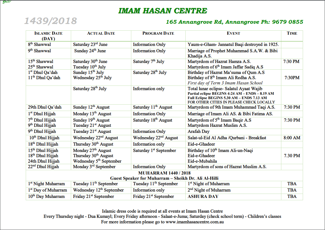 26-06-2018 – UPDATED EVENTS CALENDAR Shawaal 1439 – Muharrum 1440