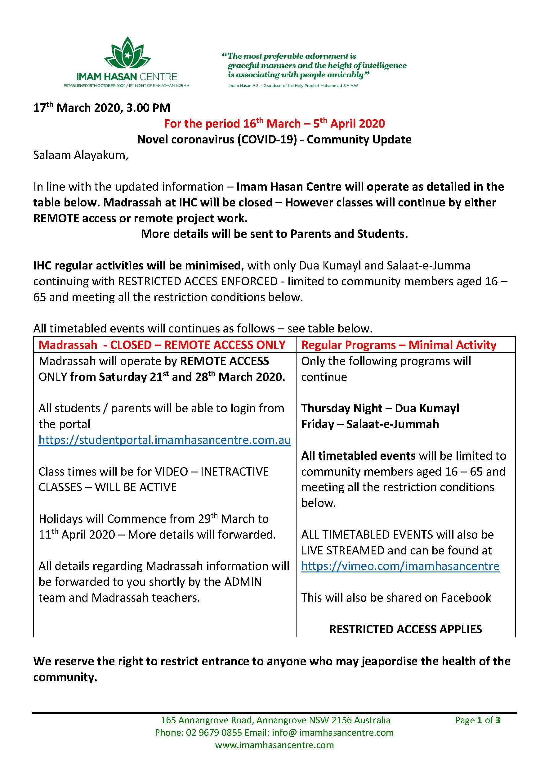 17th March 2020 – Corona Virus Update 3 – Madrassah Remote Learning – Limited Regual Programns