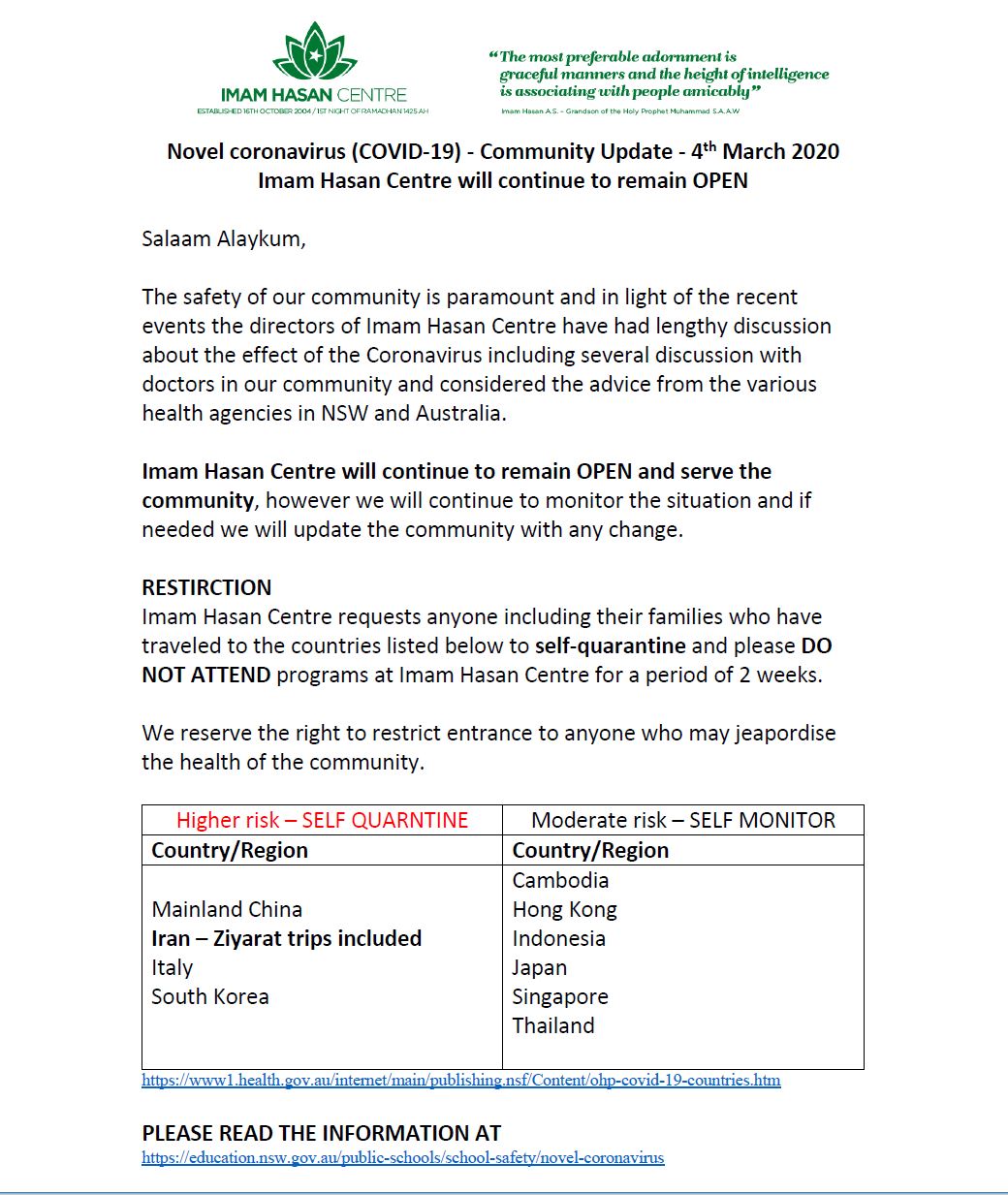 Corona Virus – Community update – IHC will continue to remain OPEN