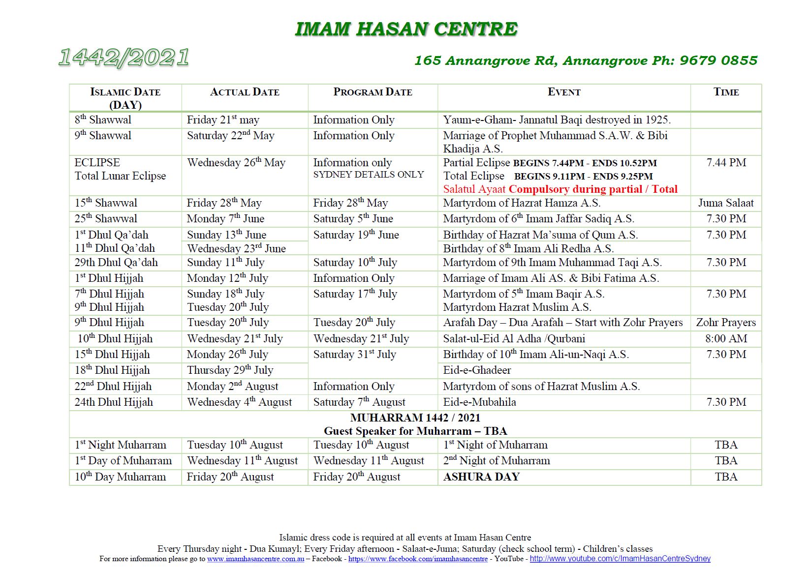 Calendar – Shawaal 1442 – Muharrum 1443 – 26th May Eclipse 7.44 PM